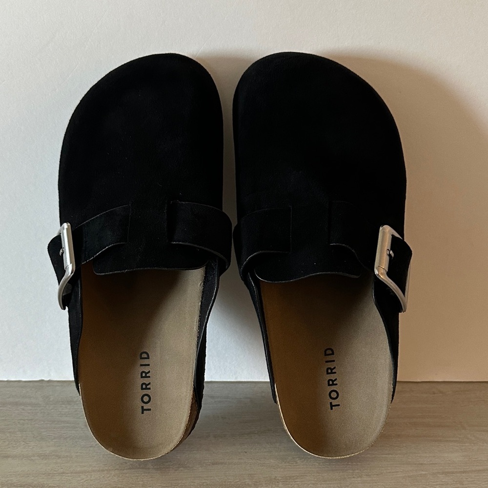 Torrid Black Suede Mules with Silver Buckle